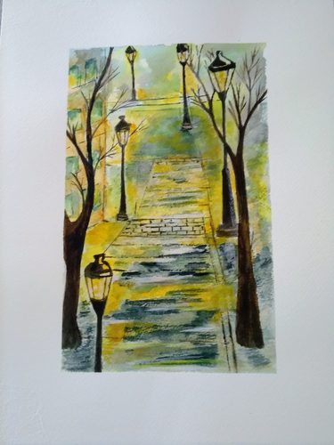Lynne, Parisian night, watch your step, watercolour.